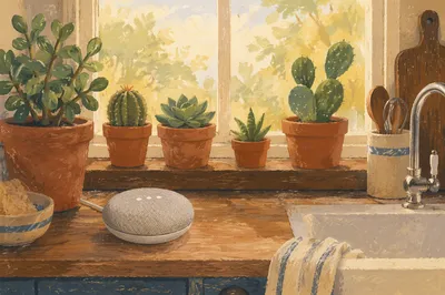 Smart Speaker in Rustic Kitchen Morning