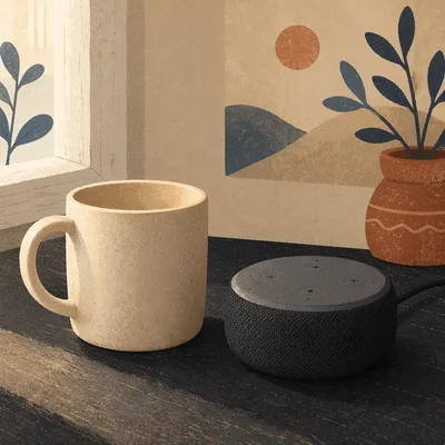 Smart Voice Assistant Speaker on Table