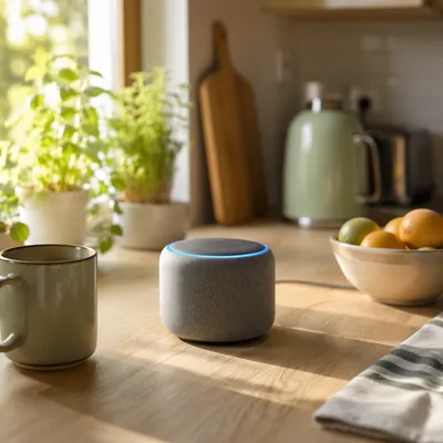 Smart Voice Assistant Speaker in Morning Kitchen