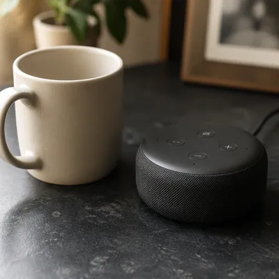 Smart Voice Assistant Speaker on Desk