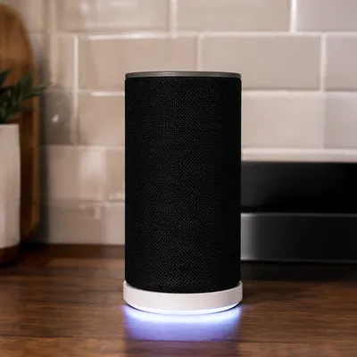 Modern Voice Assistant Speaker on Kitchen Counter