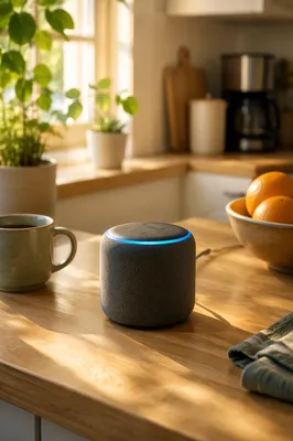 Smart Voice Assistant Speaker in Morning Kitchen
