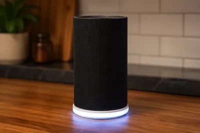 Modern Voice Assistant Speaker on Kitchen Counter