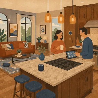Connected Smart Home Living Room and Kitchen