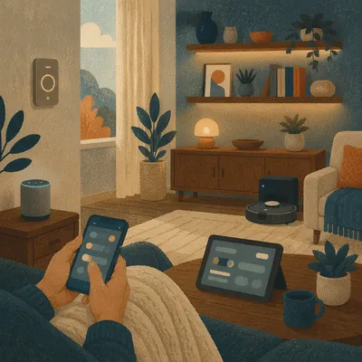Cozy Smart Home Living Room at Blue Hour