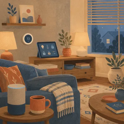 Connected Smart Home Living Room at Twilight