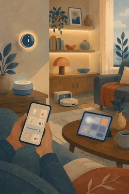 Cozy Smart Home Living Room at Blue Hour