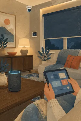 Connected Smart Home Living Room Evening Scene