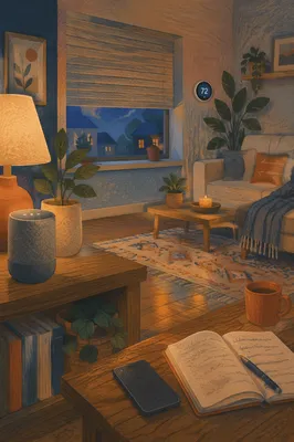 Connected Smart Home Living Room at Dusk