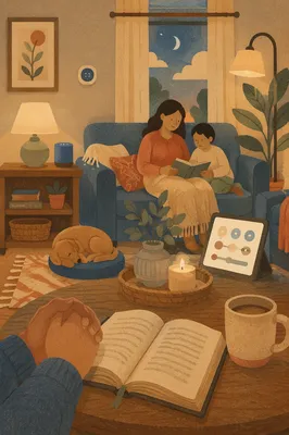 Cozy Connected Living Room at Dusk