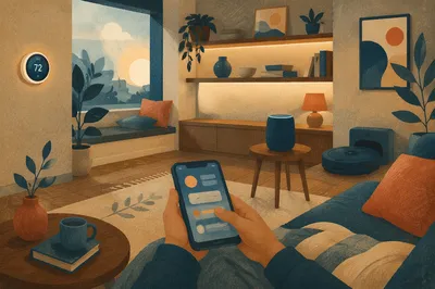 Connected Smart Home Living Room at Blue Hour