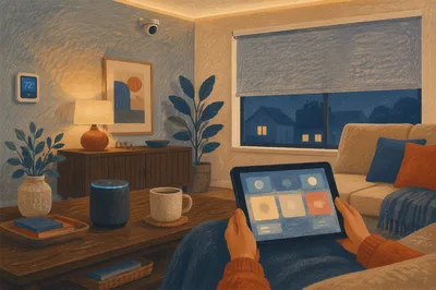 Connected Smart Home Living Room Evening Scene