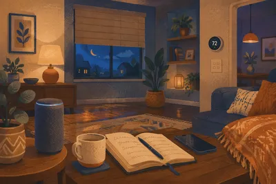 Smart Home Living Room at Blue Hour