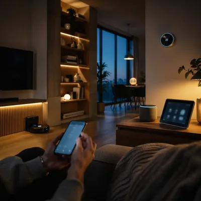 Smart Home Living Room at Blue Hour