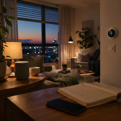 Cozy Smart Home Living Room at Blue Hour