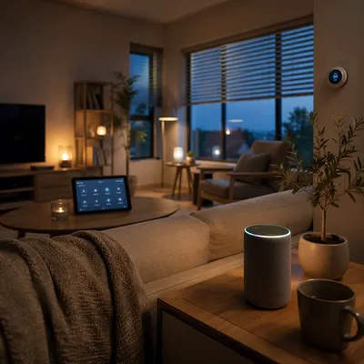Cozy Smart Home Living Room at Twilight