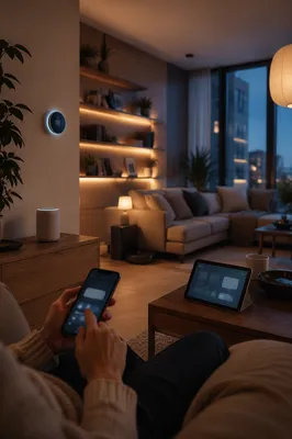Smart Home Living Room at Blue Hour