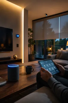 Connected Smart Home Living Room at Evening