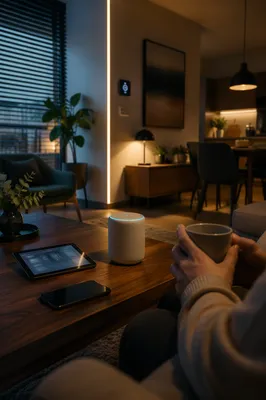 Connected Smart Home Living Room at Dusk