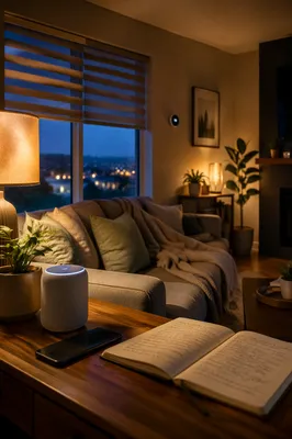 Connected Smart Home Living Room at Dusk