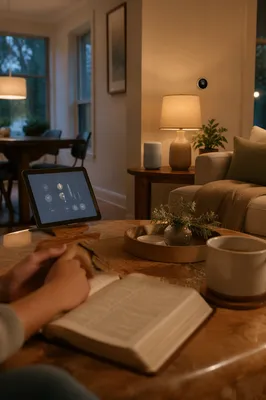 Connected Living Room with Warm Lighting
