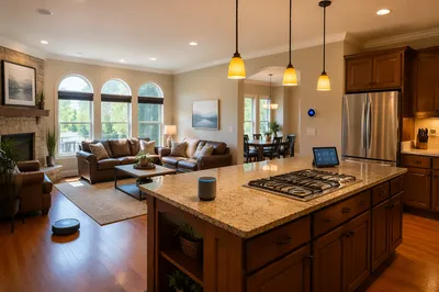 Connected Smart Home Living Room and Kitchen