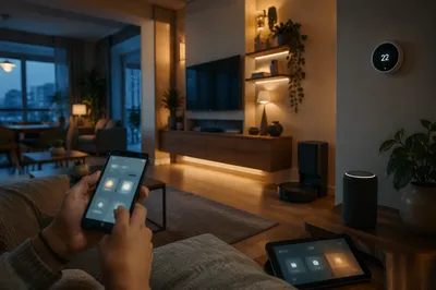 Smart Home Living Room at Blue Hour