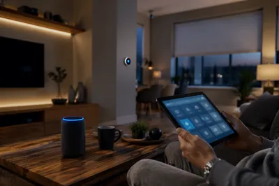 Connected Smart Home Living Room at Evening