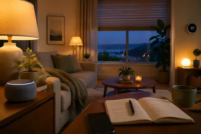 Connected Smart Home Living Room at Blue Hour