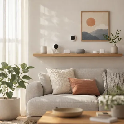 Smart Home Devices on Modern Shelf