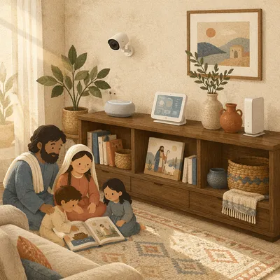 Smart Home Devices on Living Room Shelf