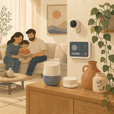 Smart Home Devices on Oak Shelf