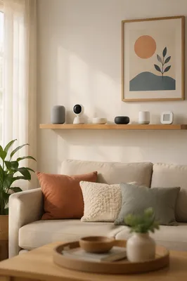 Smart Home Devices on Living Room Shelf