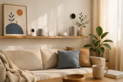 Smart Home Devices on Modern Shelf