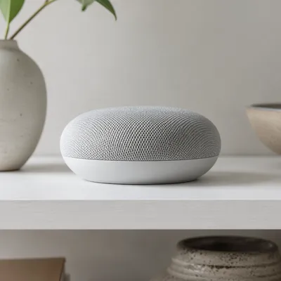 Minimal Smart Speaker on White Home Shelf