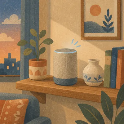 Smart Speaker on Cozy Living Room Shelf