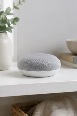 Minimal Smart Speaker on White Home Shelf