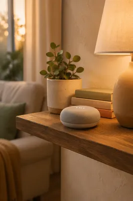 Smart Speaker on Cozy Home Shelf