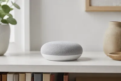 Minimal Smart Speaker on White Home Shelf