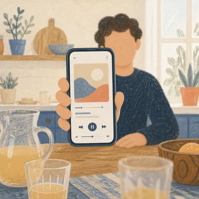 Smartphone Music App Close-Up at Kitchen Table