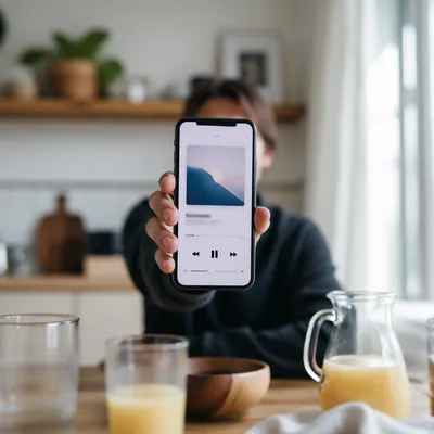 Hand Holding Smartphone Music App Closeup