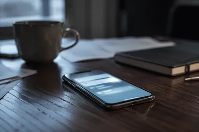 Glowing Smartphone on Dark Walnut Desk