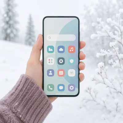 Hand Holding Smartphone in Snowy Winter Light