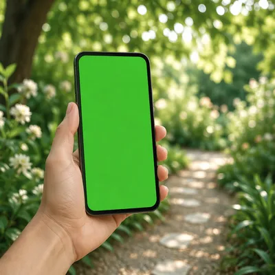 Hand Holding Smartphone Green Screen in Garden