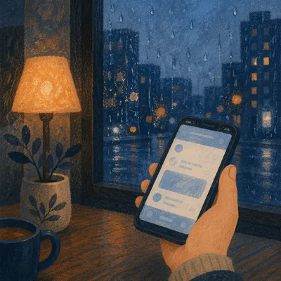 Hand Holding Smartphone by Rainy Cafe Window