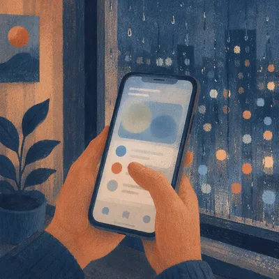 Hand Holding Smartphone by Rainy Window