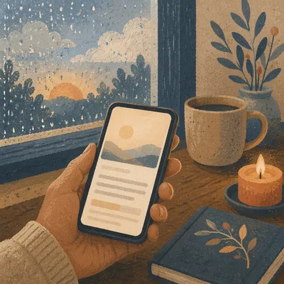 Hand Holding Smartphone by Rainy Window