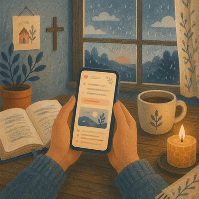 Morning Devotion on Smartphone by Candlelight