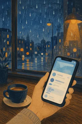 Hand Holding Smartphone by Rainy Cafe Window