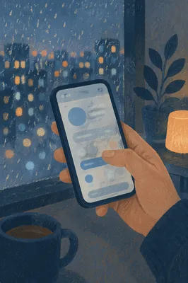 Hand Holding Smartphone by Rainy Window